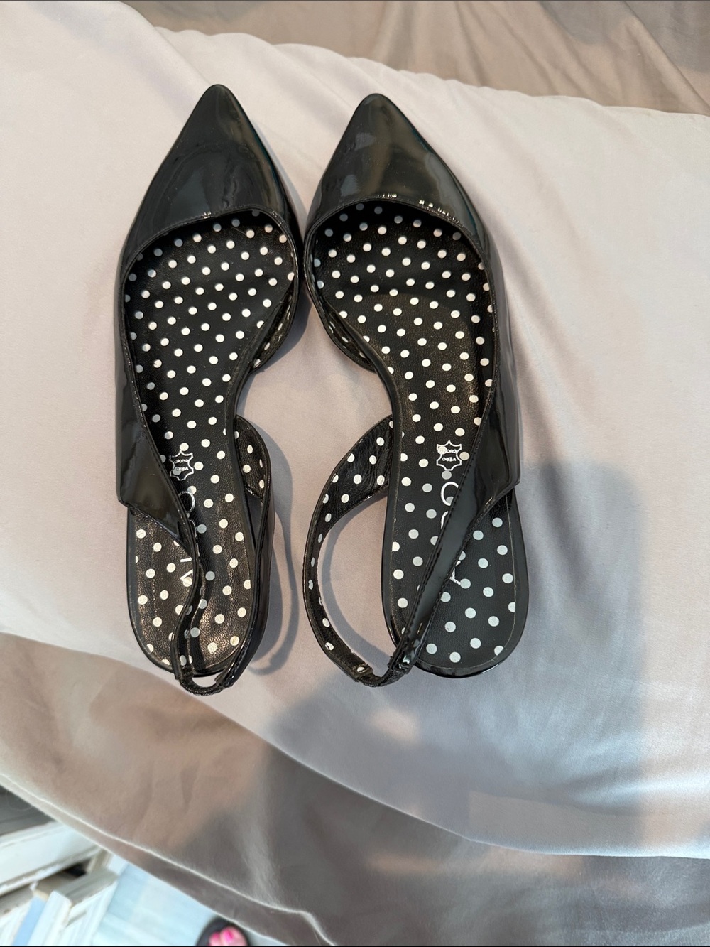 Aldo Black Patent Pointed Slingback Flats with Polka Dot Insole
